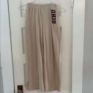 Tan Wide-Leg Lounge Pants with slit cuff